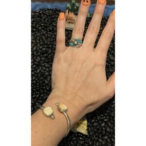Sterling Silver Double Stone🧡Orange Spiny Oyster Bypass Floating Cuff Bracelet